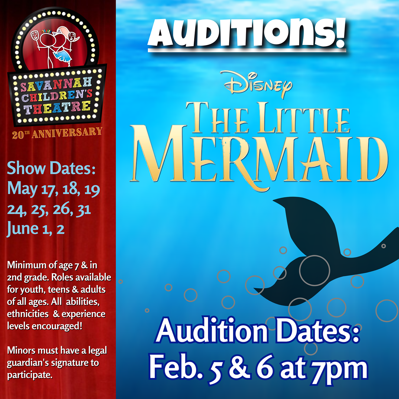 Auditions for Disney's the Little Mermaid at Savannah Children's Theatre February 5 & 6 at 7pm
