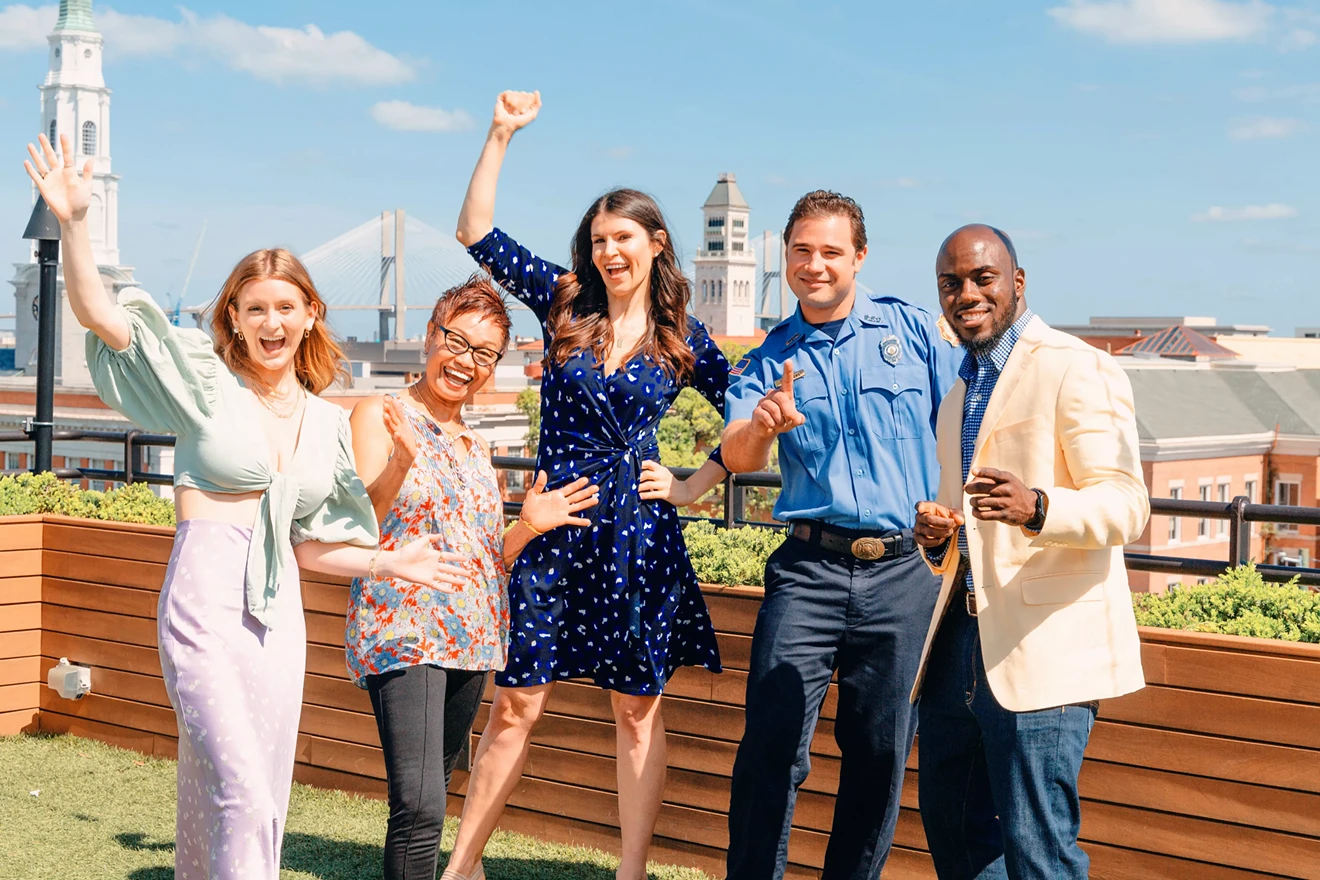 Five of Connect Savannah&rsquo;s &ldquo;Best of&rdquo; winners, Brittany Merrill, voted &ldquo;Best Local Influencer,&rdquo; Chiryia Moore, owner of Chiriya&rsquo;s Thai Cuisine, voted &ldquo;Best Thai Restaurant;&rdquo; Chelsea Phillips, voted &ldquo;Best Realtor;&rdquo; TJ Rentiers, voted &ldquo;Best Firefighter;&rdquo; and Kewaan Drayton, co-founder of The Savannah Underground, voted &ldquo;Best Local Theatre Production,&rdquo; celebrate having made the list of Savannah&rsquo;s favorite people, businesses and organizations as photographed by Adriana Iris Boatwright, voted &ldquo;Best Local Photographer,&rdquo;  from the Peregrin rooftop bar, voted &ldquo;Best Hotel Bar.&rdquo;