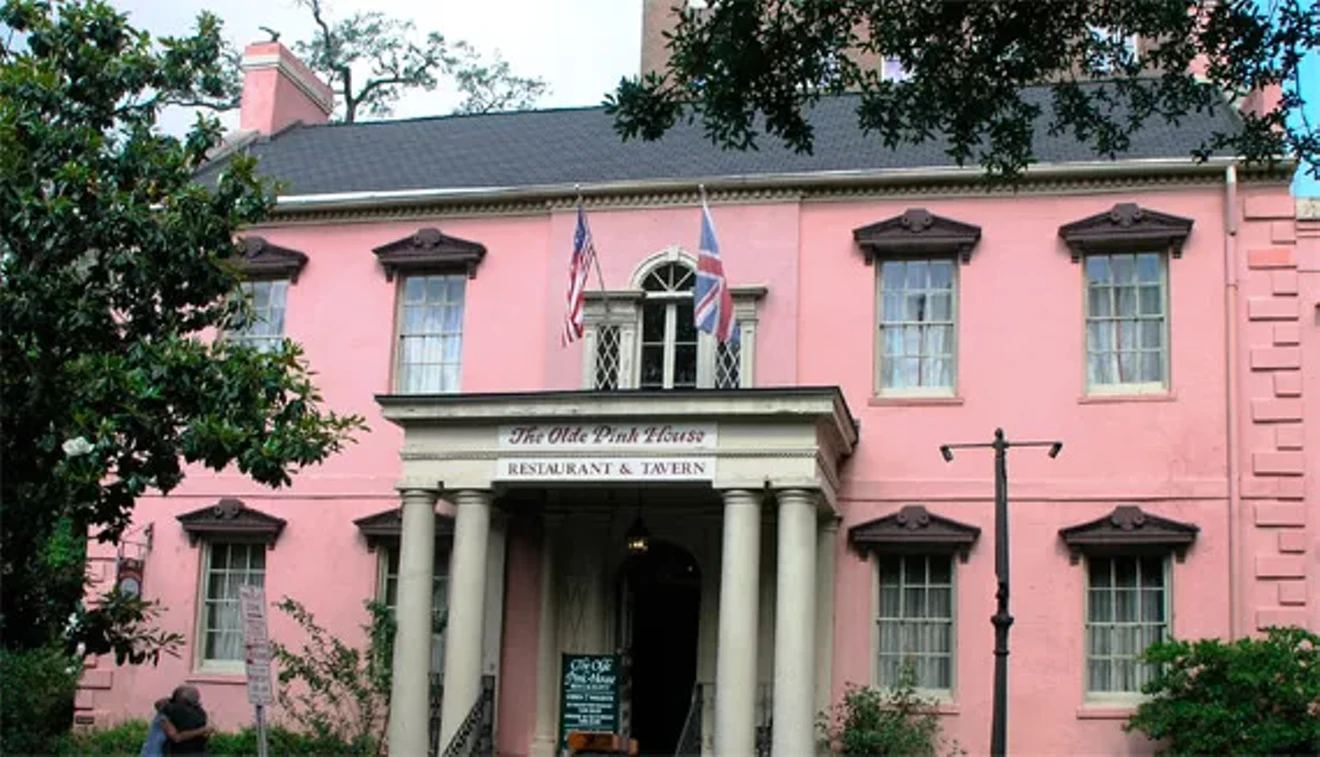 The warm and inviting front of The Olde Pink House, in Historic Downtown Savannah.
